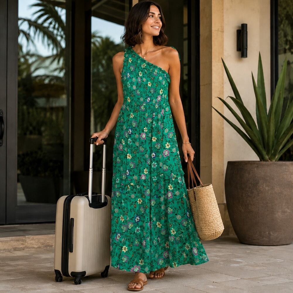 NWT Knox Rose One Shoulder Teal Floral Maxi Dress 100% Rayon SzL Romantic Boho